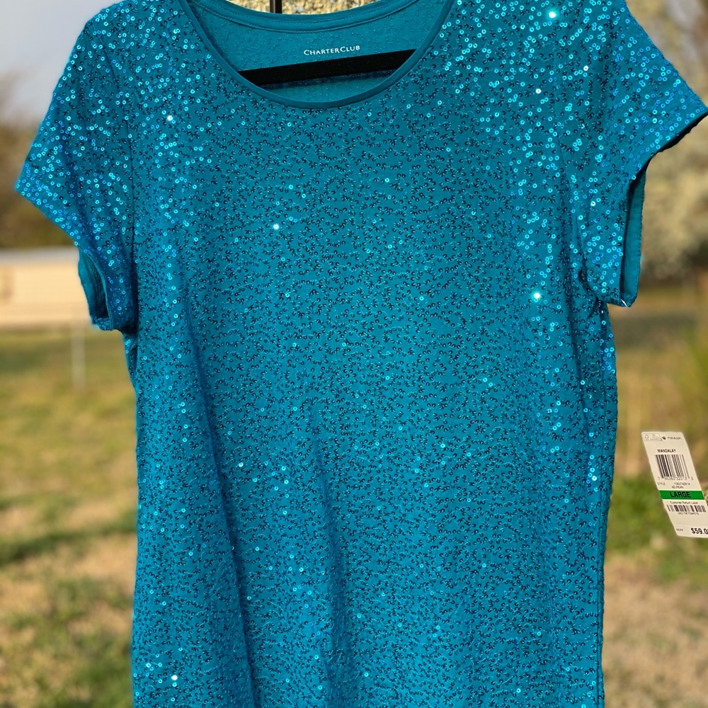 Charter Club New Short-Sleeve Teal Top Size Large